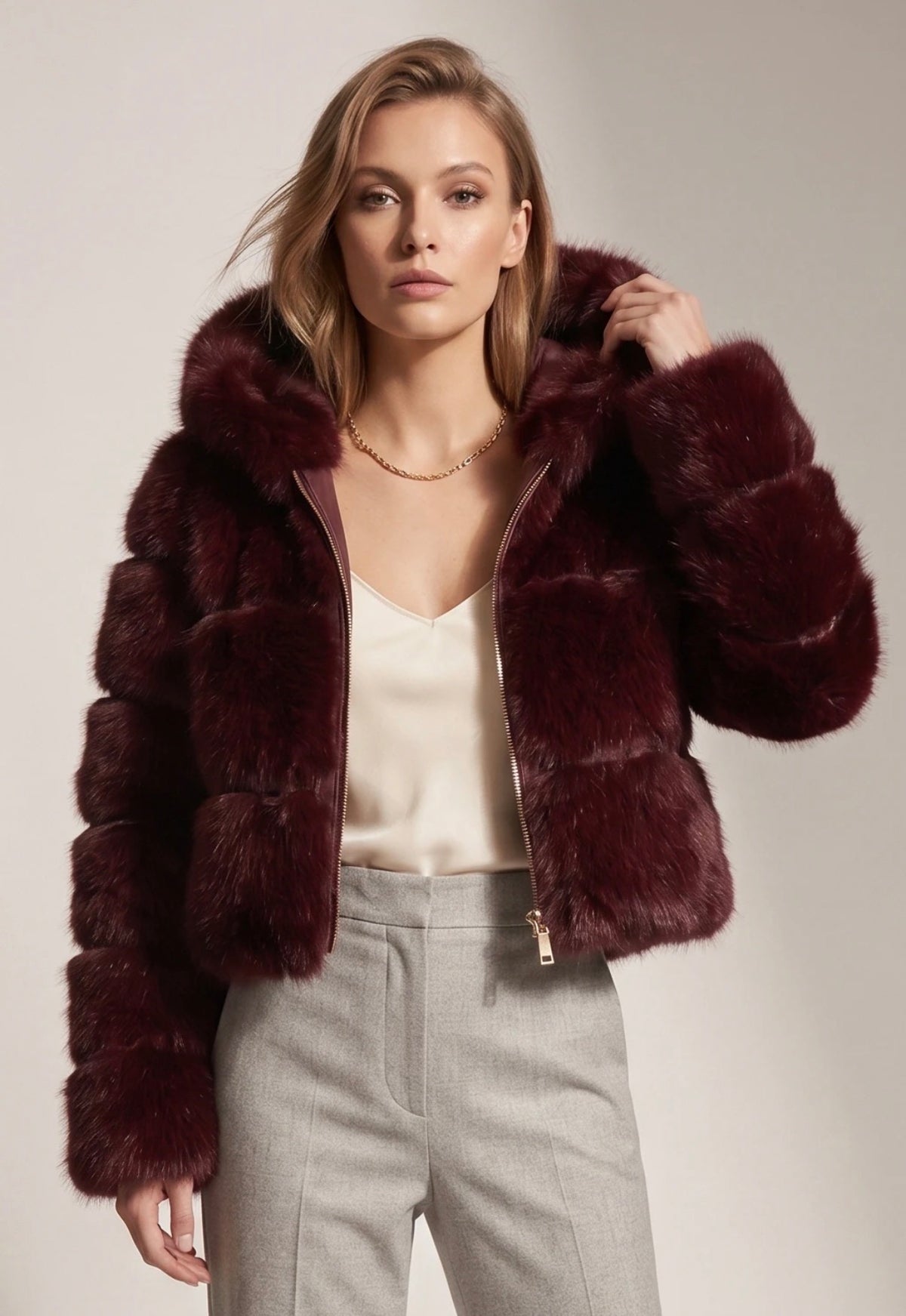 Hooded Faux Fur Panelled Cropped Jacket