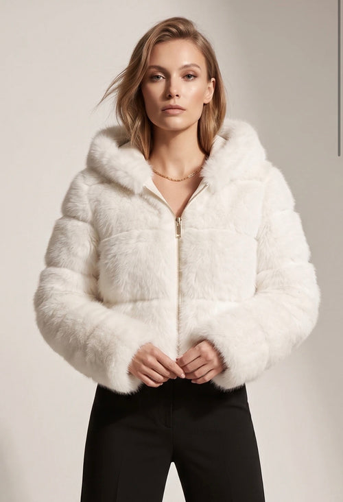 Hooded Faux Fur Panelled Cropped Jacket