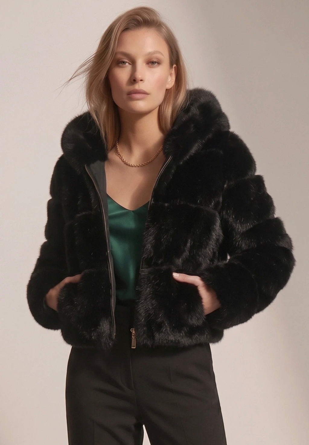 Hooded Faux Fur Panelled Cropped Jacket