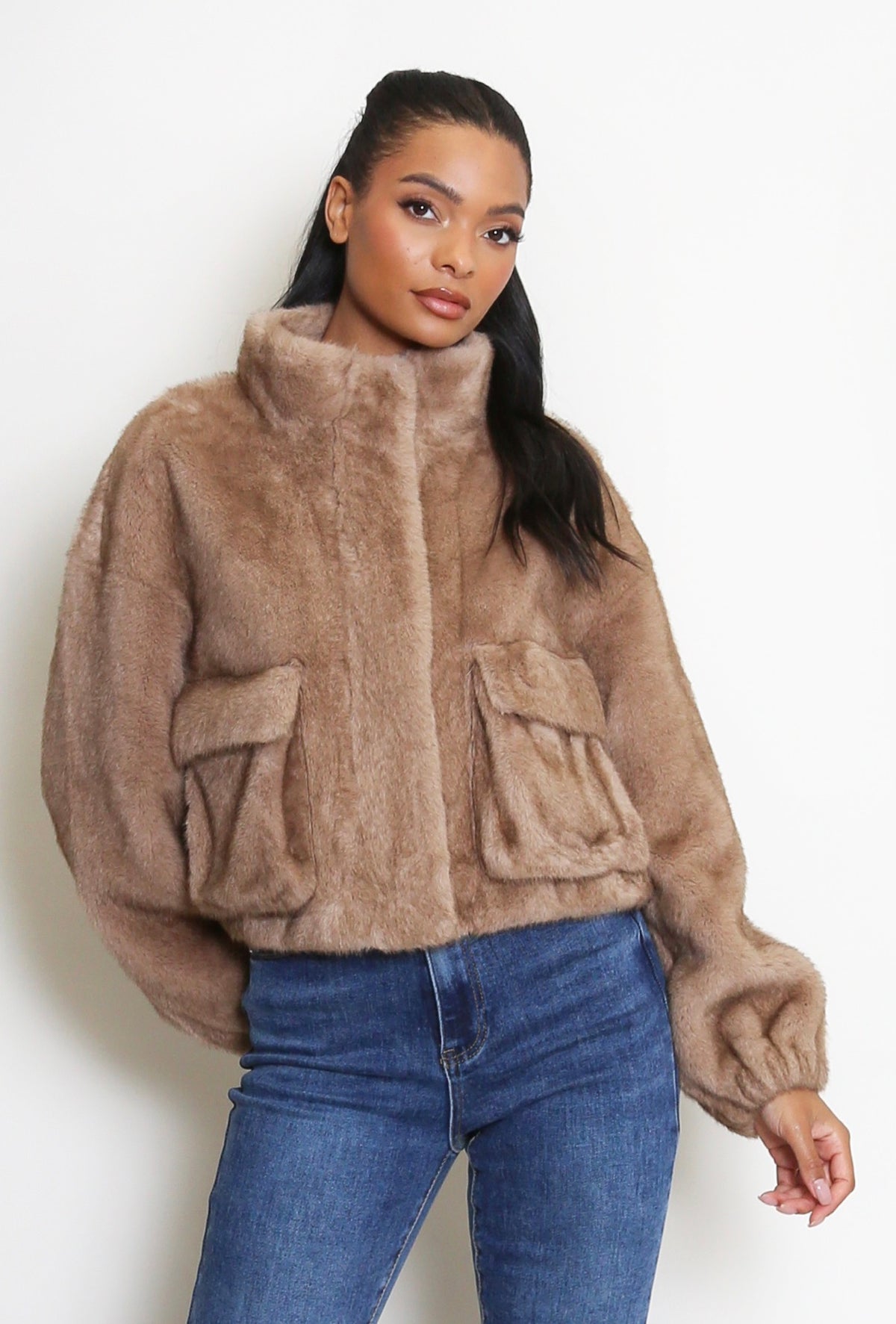 Faux Fur Bomber Jacket With Pockets